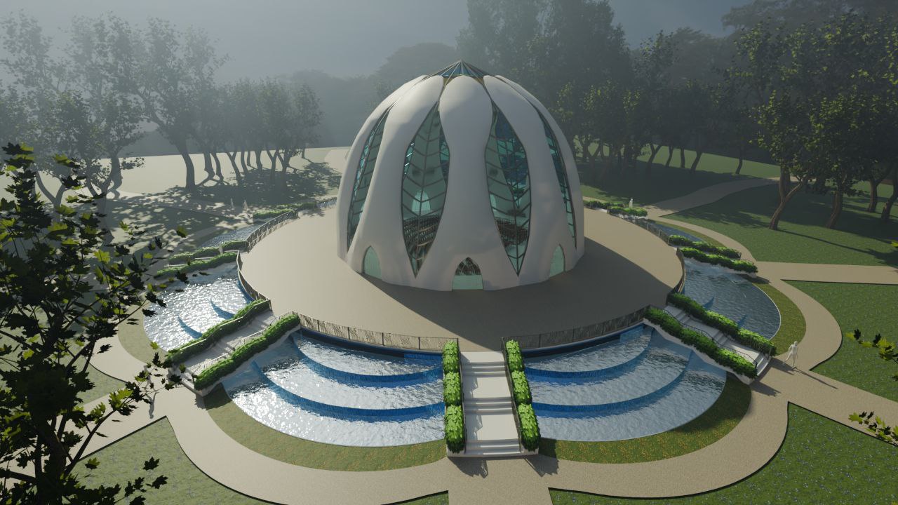 Bahai 3D architectural scene with blue sky and temple form.