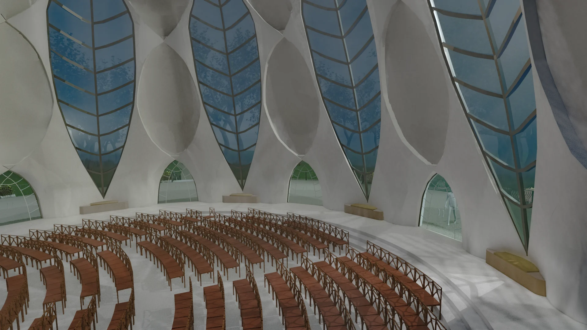 Final render of the temple prayer hall interior.