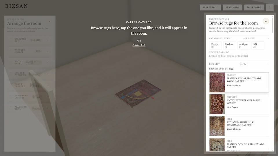 Bizsan 3D room planner with rug catalog and room controls.