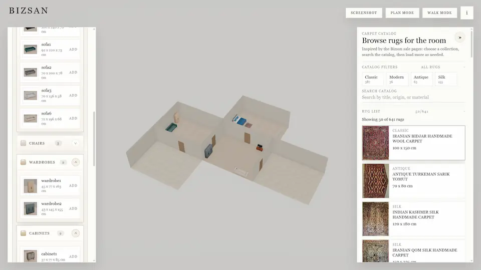 Bizsan 3D room planner with catalog and 3D room preview.