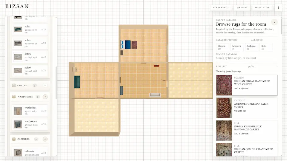 Bizsan 3D room planner responsive interface state.